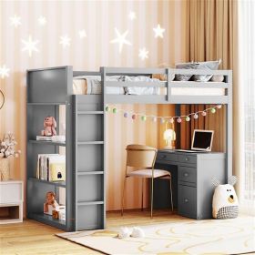 Twin Size Loft Bed with Ladder, Shelves, and Desk, Gray Twin Size Loft Bed with Ladder, Shelves, and Desk, Gray