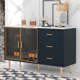 Modern Sideboard MDF Buffet Cabinet Marble Sticker Tabletop and Amber-yellow Tempered Glass Doors with Gold Metal Legs & Handles (Navy Blue) Modern Sideboard MDF Buffet Cabinet Marble Sticker Tabletop and Amber-yellow Tempered Glass Doors with Gold Metal Legs & Handles (Navy Blue)